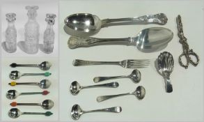A pair of Kings pattern silver tablespoons, a quantity of coffee spoons, various and three cut glass
