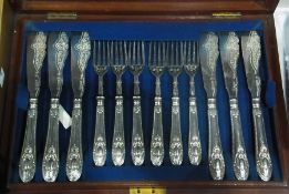 Victorian EPNS set of twelve pairs fish knives and forks, all engraved and with embossed handles, in