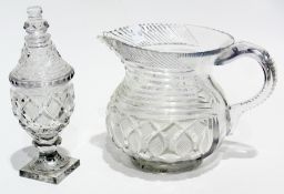 Georgian cut glass lidded canister, on square foot, with a matching cut glass water jug (2)