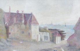 Oil on canvas
Harbour scene with houses and chickens in foreground, indistinctly signed lower left