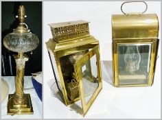 Cut glass and brass table lamp converted from oil lamp, with cut glass clear well, Corinthian column