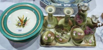 Edwardian ceramic dressing table set, pale green ground with transfer printed roses, comprising