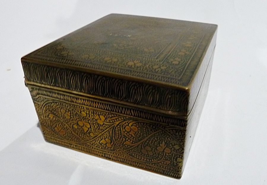 Leather gilt tooled letter box, with brass nameplate G. Keller, 22 Rue Joubert, Paris, and a small