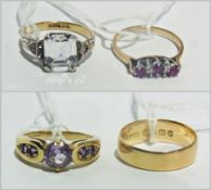 9ct gold, ruby and diamond dress ring, set five stones, 9ct gold dress ring, set with purple