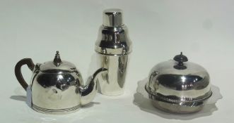 EPNS muffin dish and cover, with liner, EPNS cocktail shaker and a plate bachelor's teapot (3)