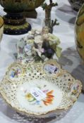 Meissen style pierced shallow dish, scalloped edge with floral reserve and trellis borders,