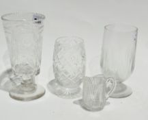 Engraved vase on stepped foot, another, a moulded glass vase, and a small cut glass cream jug (4)