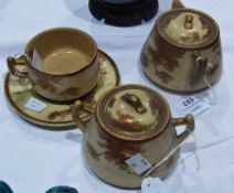 Japanese Satsuma trio of cup and saucer, cream jug and sugar basin, all painted with Autumn leaves