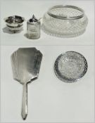 A silver mounted cut glass salad bowl, butter dish, sugar basin and a silver backed hand mirror