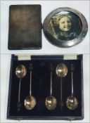 Set of five silver coffee bean spoons, a silver rectangular cigarette case and a circular silver
