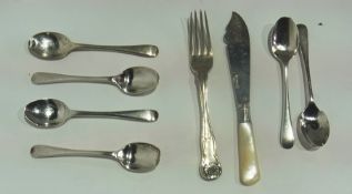 Various silver teaspoons, dessert fork, butter knife etc.