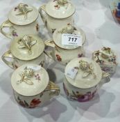 Set of six German porcelain custard cups with covers, decorated with fruit finials and hand