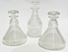 Pair of early twentieth century ship's decanters, with blade cut, 21cm high and another cut glass