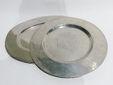 Continental pewter platter, engraved with coat of arms and Belgian pewter oval dish