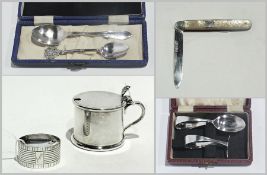Silver napkin ring, silver spoon and pusher, boxed, silver teaspoon, silver bladed fruit knife