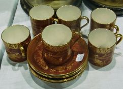 Spode coffee cups for six persons, dark red ground decorated with pagodas