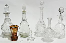 Four various decanters, one small cut glass decanter (stopper missing), amber flash glass vase and a
