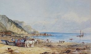 Watercolour drawing
Norman Bradley
Shore scene with fishermen, ponies pulling cart and ships