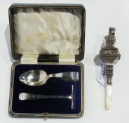 Edwardian silver baby's rattle, with whistle and mother-of-pearl teething bar, London 1907, together
