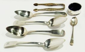 Pair Georgian silver fiddle pattern tablespoons, by James Beebe, London 1827 together with another