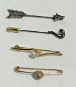 Bar brooch set with pearl and diamond and other bar brooches