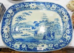 Large blue and white transfer printed meat plate, decorated with landscape