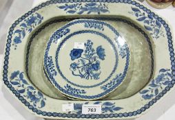 Blue and white ironstone dish, decorated with flowers, octagonal shape, with two matching