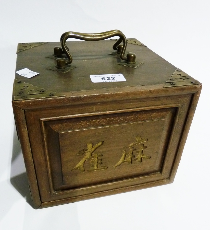 Mah Jong set in brass bound wooden cabinet with carrying handles, fitted side drawers