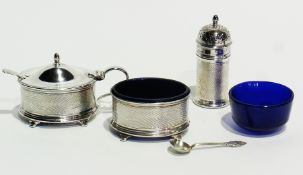 George VI silver condiment set to include:- open salt, pepperpot, mustard pot, Birmingham 1950