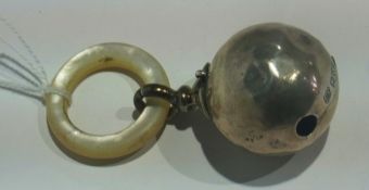 A silver baby's bell rattle with a mother of pearl teething ring, Chester 1924