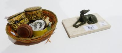 Small bronze model of greyhound lying down on marble base, quantity shells, brass stamp box,