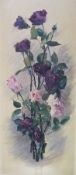 Oil on board
Florence Halls 
Spray of deep pink roses with a butterfly, signed Florence Halls