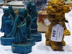Set of five Chinese turquoise glazed ceramic figures of sages, 12cm high and a Chinese yellow glazed