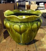 Large Edwardian jardiniere, green with Art Nouveau style decorations, and another planter
