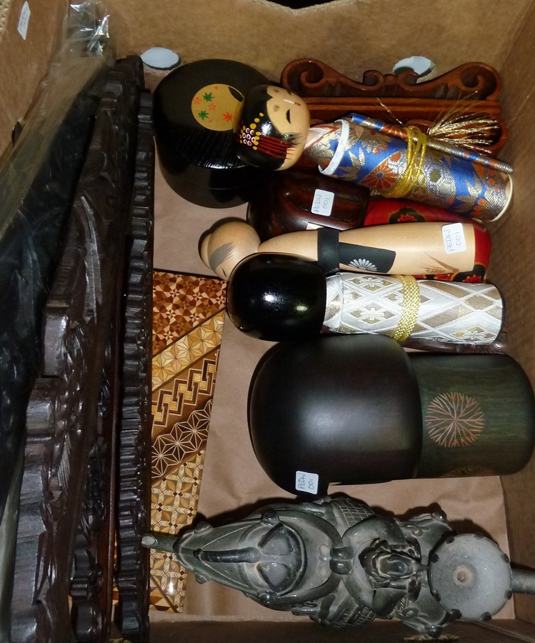 Quantity Japanese dolls, trinket boxes, carved wooden rails and two modern bronze female figure
