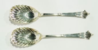 Pair Victorian silver serving spoons, "Onslow" pattern, bead finials, Sheffield 1890, 6oz approx.