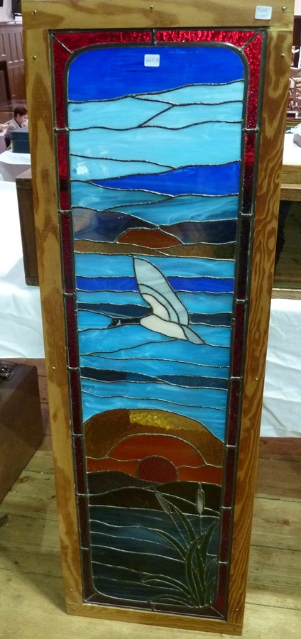 Modern stained and leaded glass panel depicting sunset with bullrushes and birds