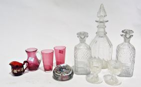 Cut glass decanter, two early nineteenth century decanters (af), pair cut glass salts, four