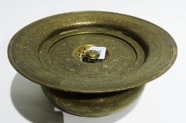 Eastern Benares brass incense bowl with pierced cover, black enamel decorated with flowering