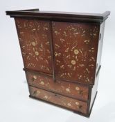 Anglo/Indian ivory inlaid mahogany table cabinet, doors above enclosing shelves to two long