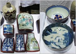 Chinese porcelain bowl, blue and white lakeside landscape decoration, five various oriental