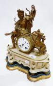 French alabaster and spelter mantel clock, with figure of youth in cap holding pheasant aloft with