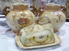 Pair of Fieldings Devonware two-handled vases, with ovoid and floral decorations, 19cm, and a Hanley
