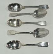Five Victorian silver fiddle pattern serving spoons, four Exeter 1840's and another London 1844,