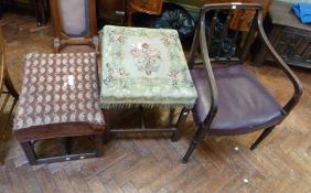 Two upholstered stools, with straight supports united by stretchers, and a chair (3)