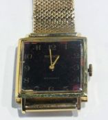 A Tissot Stylist nine carat gold cased wristwatch, square face and enamel dial, with matching