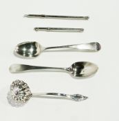 A pair Georgian silver Old English pattern teaspoons, silver sifter spoon, and two swizzle sticks (