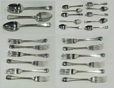 A part silver canteen of bead pattern cutlery comprising three tablespoons, six dinner forks, ten