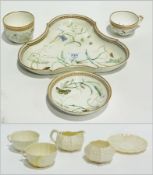 Worcester tea set, with cup, sugar bowl, jug (af), and three cornered tray, decorated with flies and