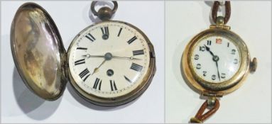 An early twentieth century lady's gold wrist watch with enamel dial, on leather strap together